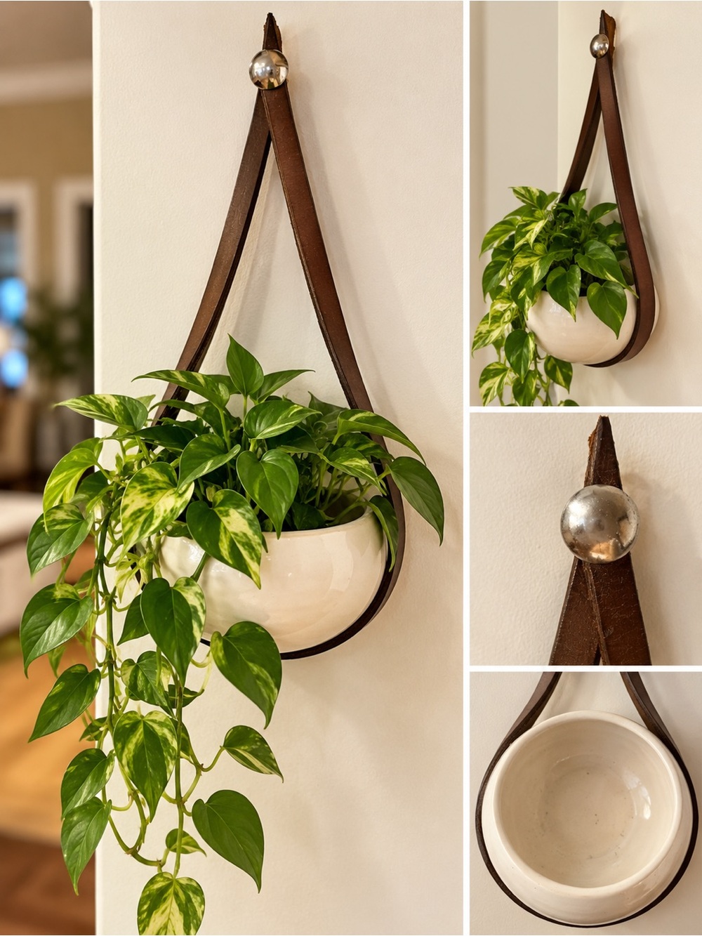 Boho Ceramic Wall Hanging Planter with Brown Leather Strap – Mid Century Moder